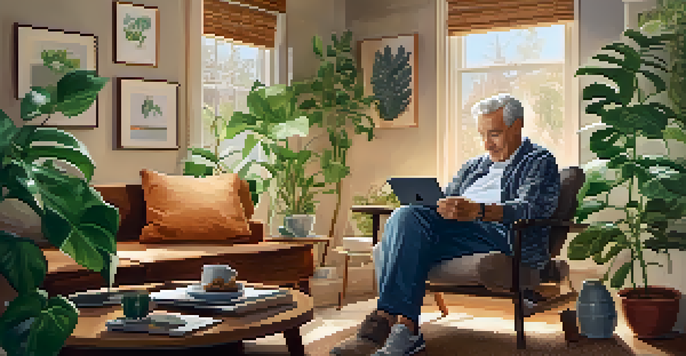 A senior man in a cozy living room using a smartphone to request a ride-sharing service, with houseplants and family photos around him.