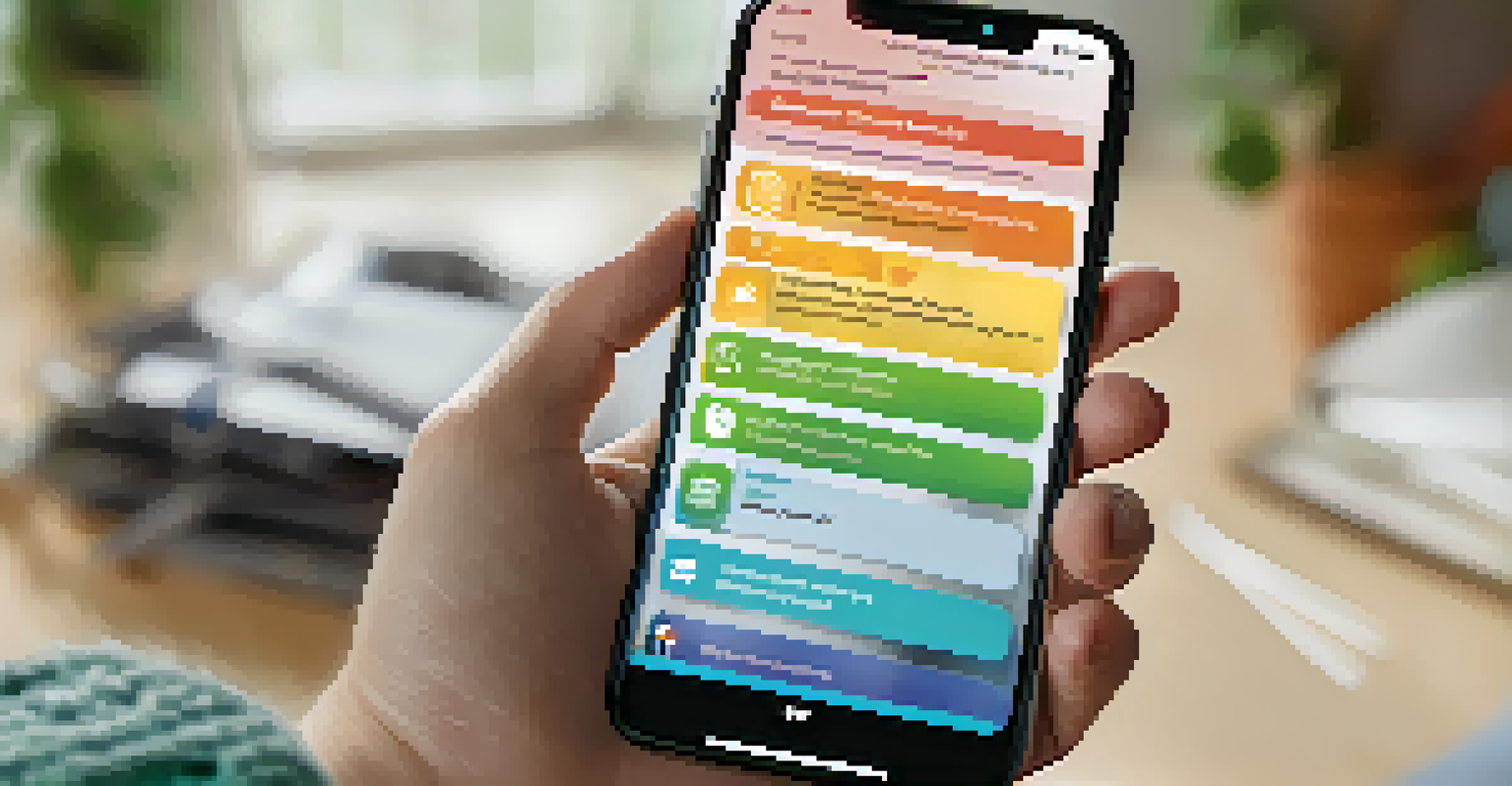 A close-up of a smartphone showing a mental health app interface in a cozy home setting.