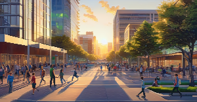 A colorful cityscape of San Jose with diverse buildings, parks, and people using technology in a warm sunset light.
