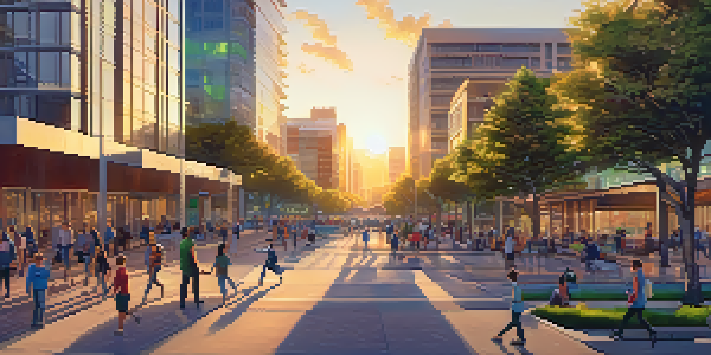 A colorful cityscape of San Jose with diverse buildings, parks, and people using technology in a warm sunset light.
