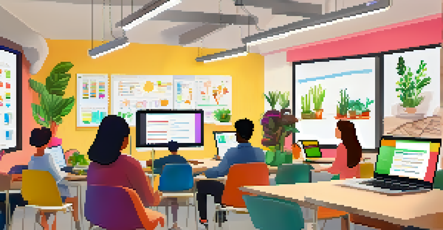 A diverse group of students collaborating in a modern classroom during an online learning session, with laptops and a digital whiteboard.