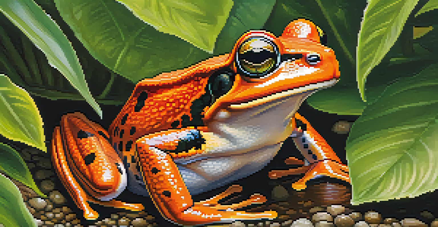 A close-up of a California red-legged frog in its natural habitat, surrounded by lush green vegetation.