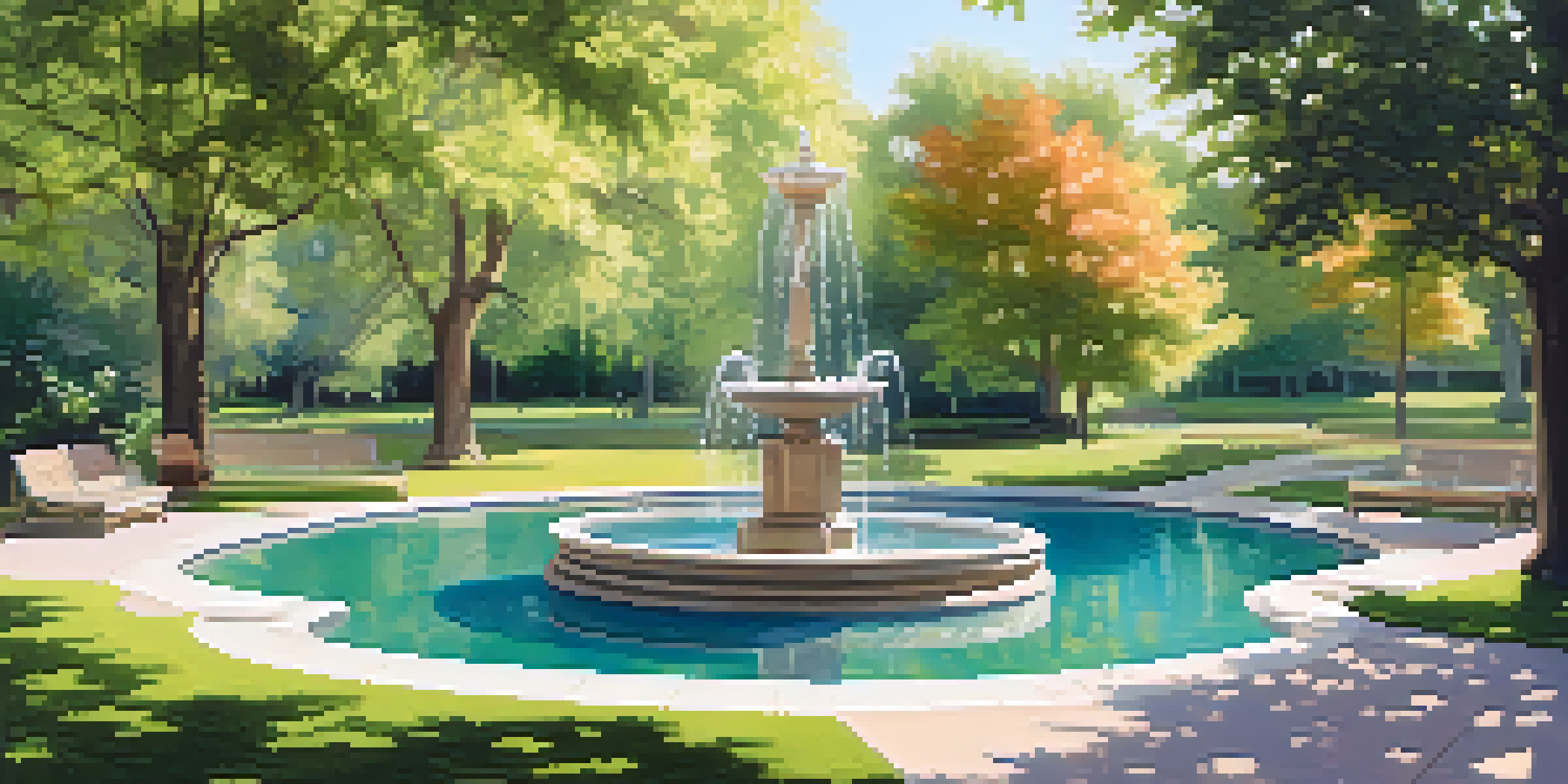A peaceful park setting with a quiet area, soft seating, and a fountain, surrounded by greenery and gentle sunlight.
