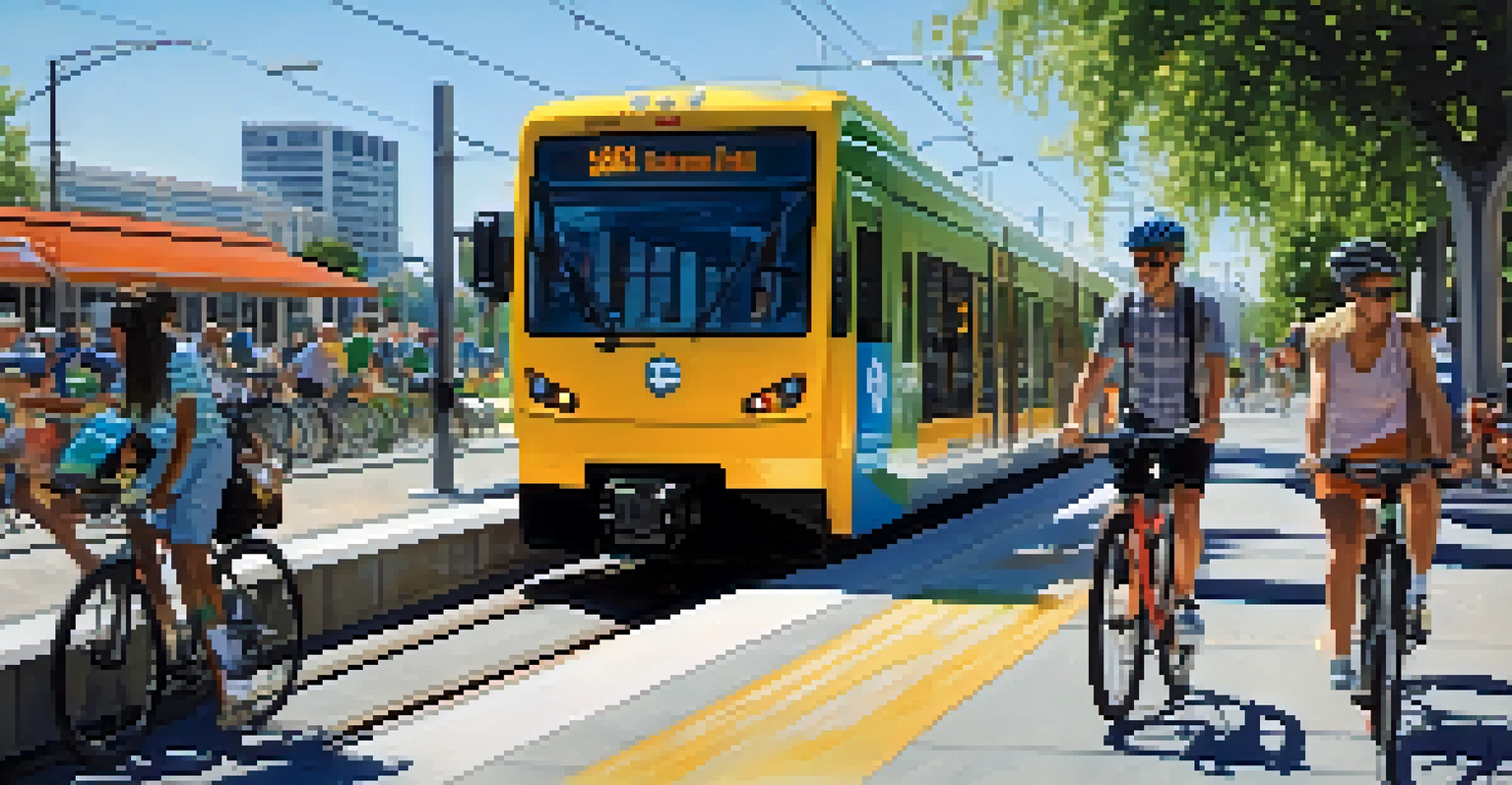 A modern light rail train in San Jose with cyclists nearby, showcasing a commitment to sustainable transportation.