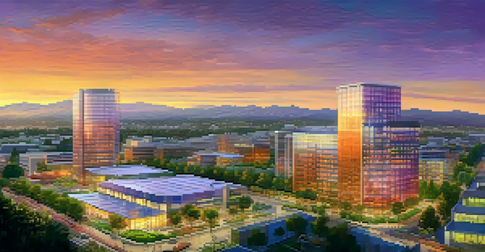 A sunset view of San Jose with modern healthcare buildings and lush parks.