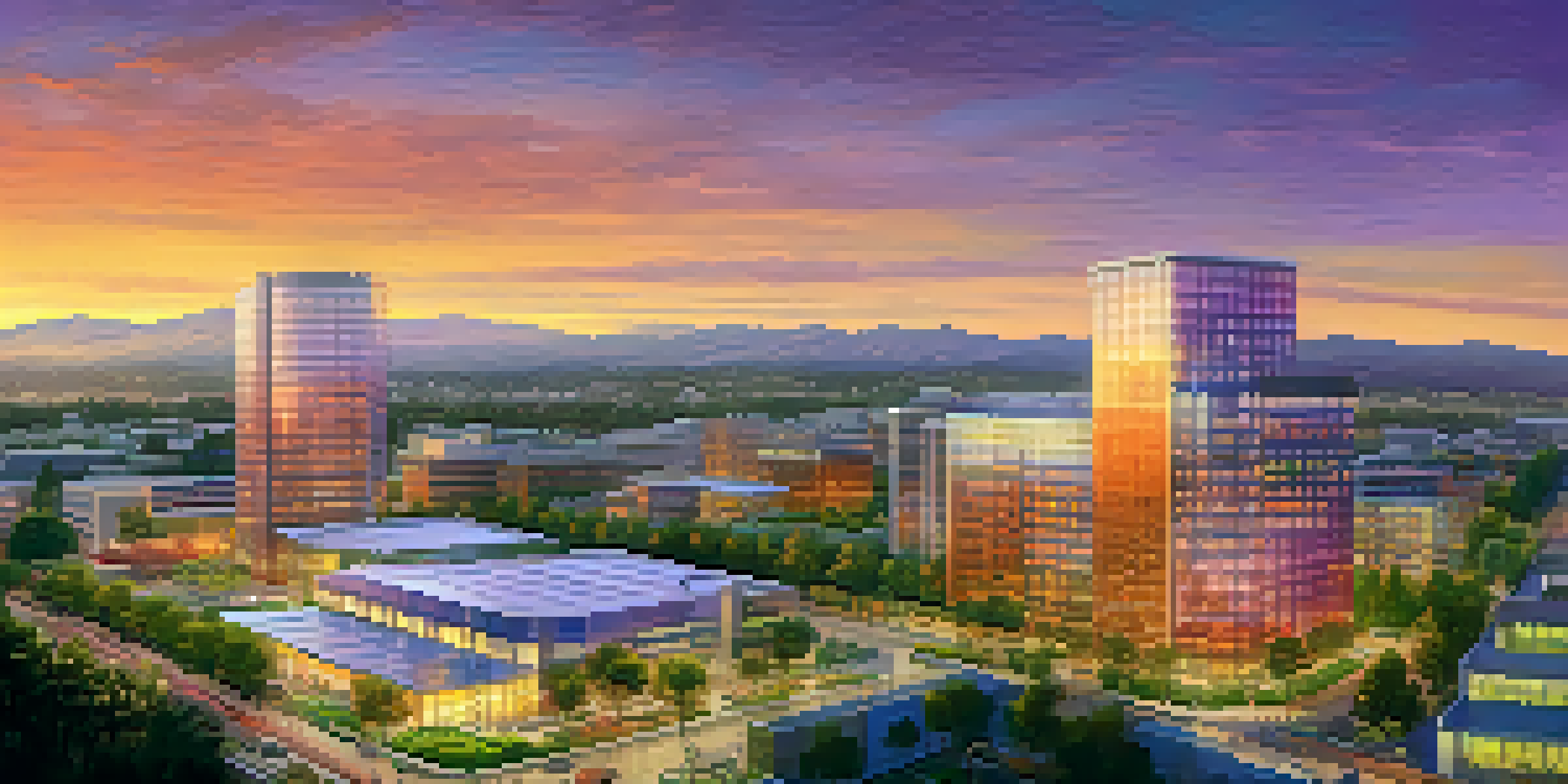 A sunset view of San Jose with modern healthcare buildings and lush parks.