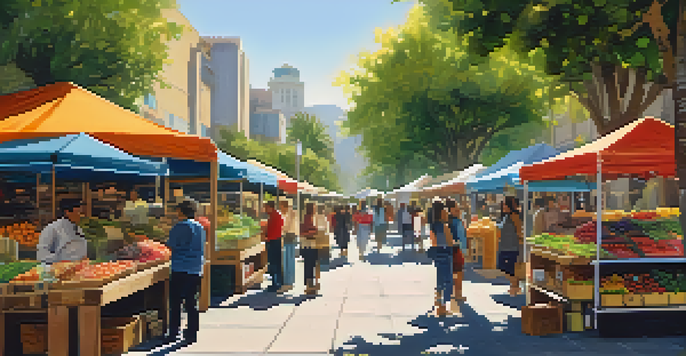A lively street market filled with eco-friendly products, including biodegradable packaging and solar panels, with a diverse crowd and lush greenery.