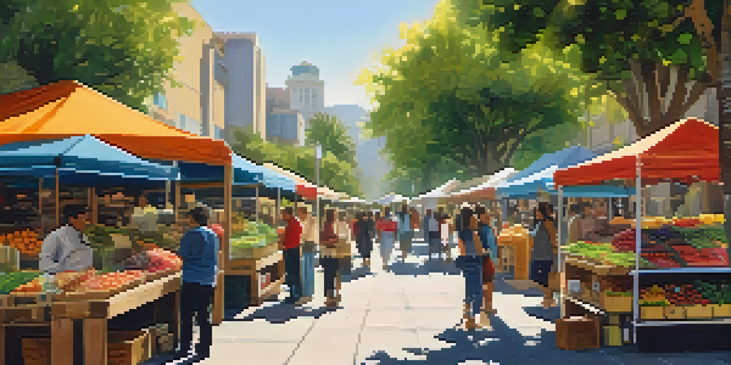 A lively street market filled with eco-friendly products, including biodegradable packaging and solar panels, with a diverse crowd and lush greenery.