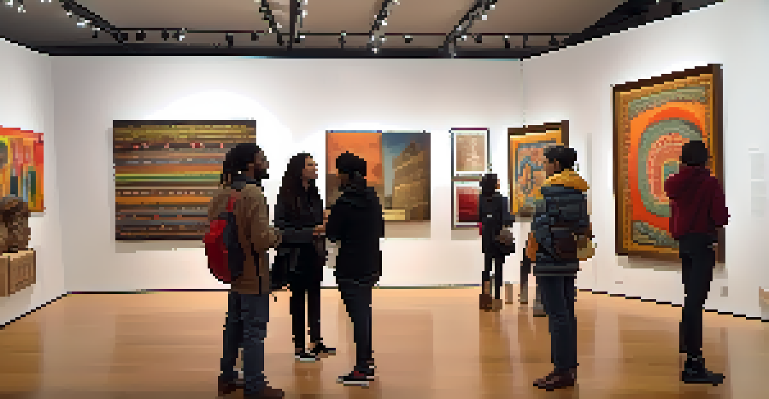 An art museum gallery with diverse cultural artworks on display, visitors engaged in discussions, and a local artist explaining their work.