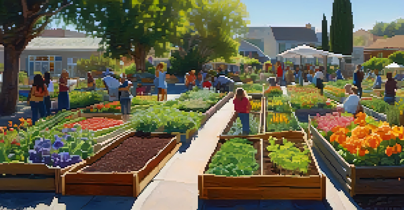 A community garden in San Jose with residents tending to plants, featuring colorful flowers and vegetables.