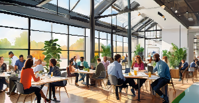 A lively networking event in a co-working space with small business owners engaging in conversations and collaborations, surrounded by a bright and modern atmosphere.