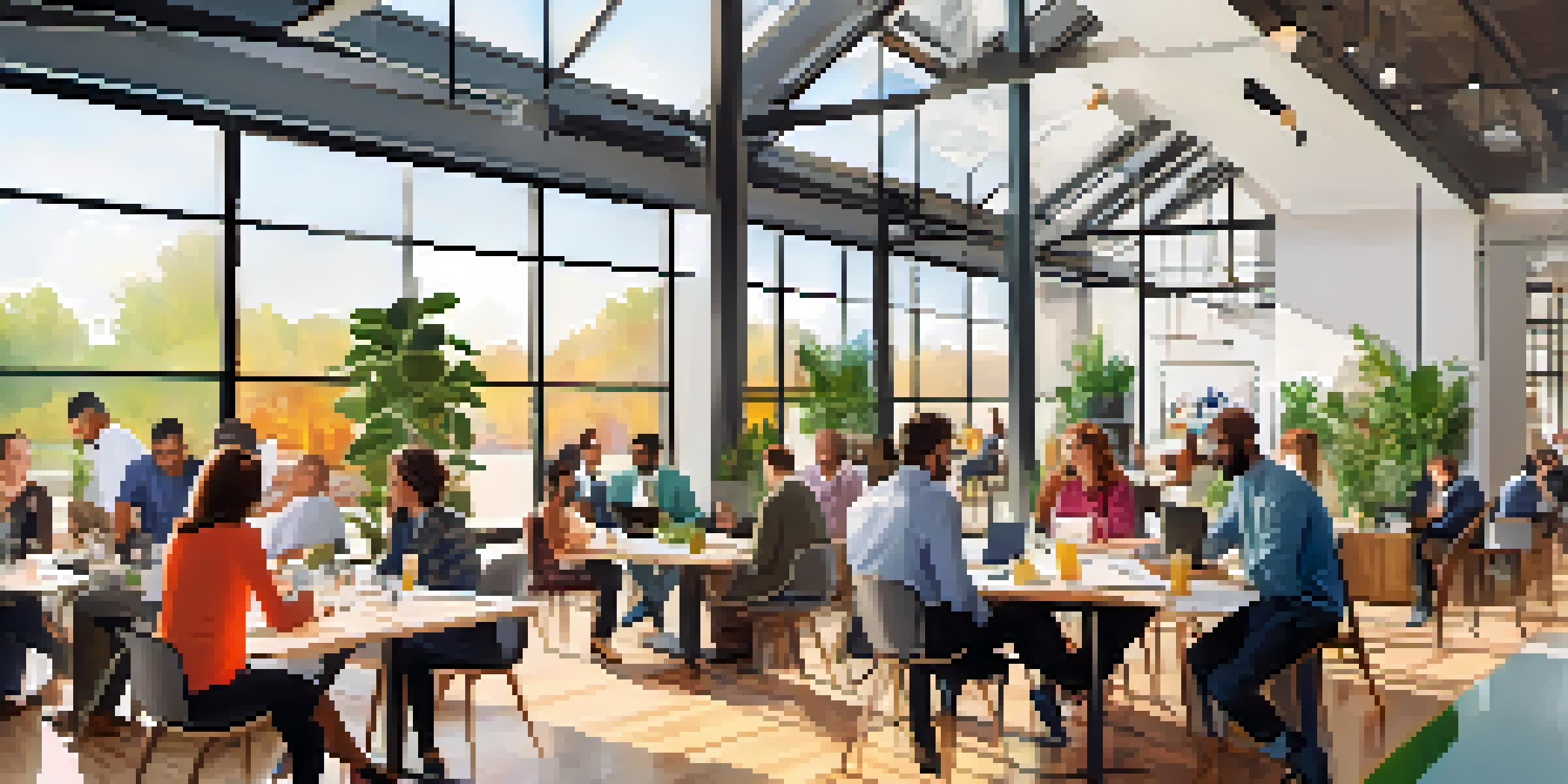 A lively networking event in a co-working space with small business owners engaging in conversations and collaborations, surrounded by a bright and modern atmosphere.