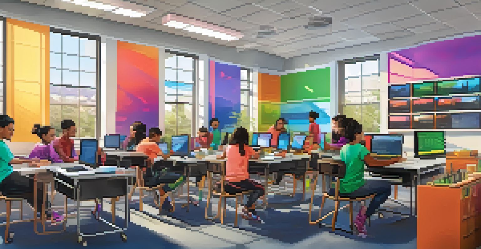 A classroom scene showing a diverse group of students engaged in a coding boot camp, with an instructor guiding them.
