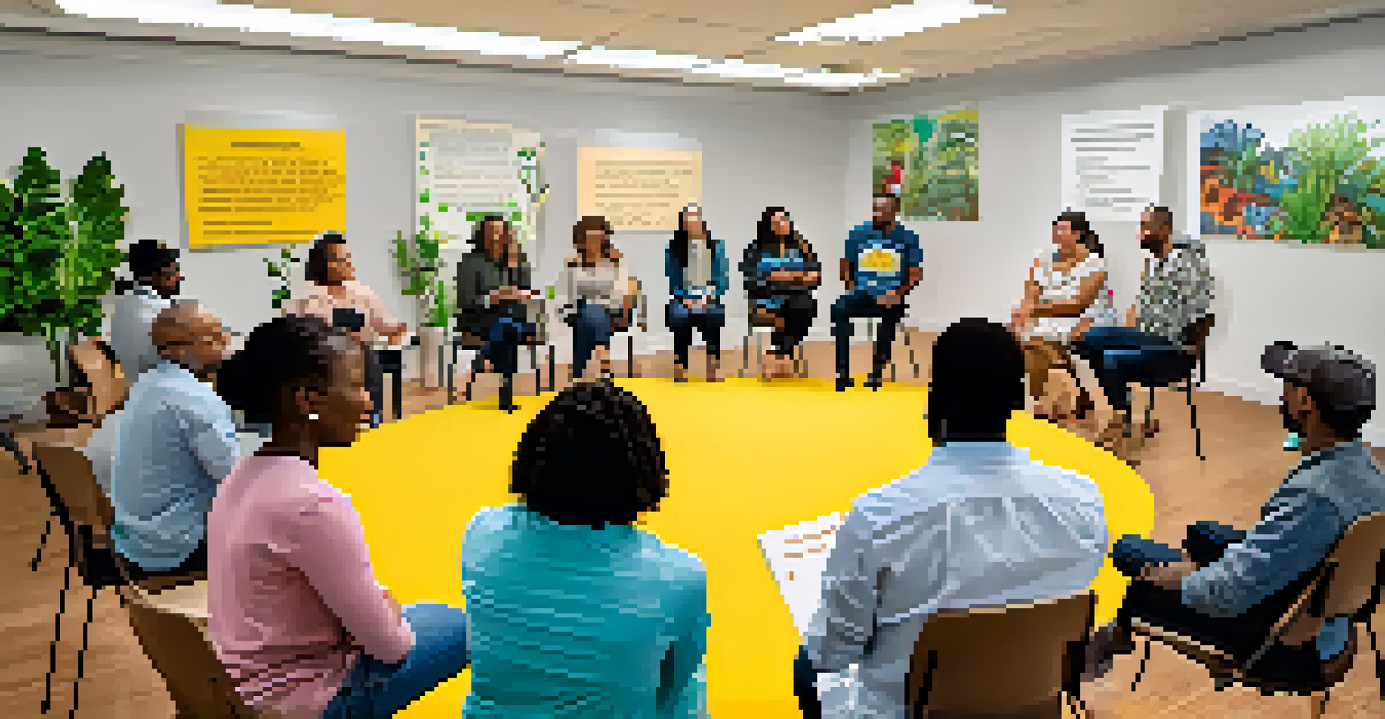A community workshop with diverse participants discussing in a circle, led by a facilitator in a supportive room.