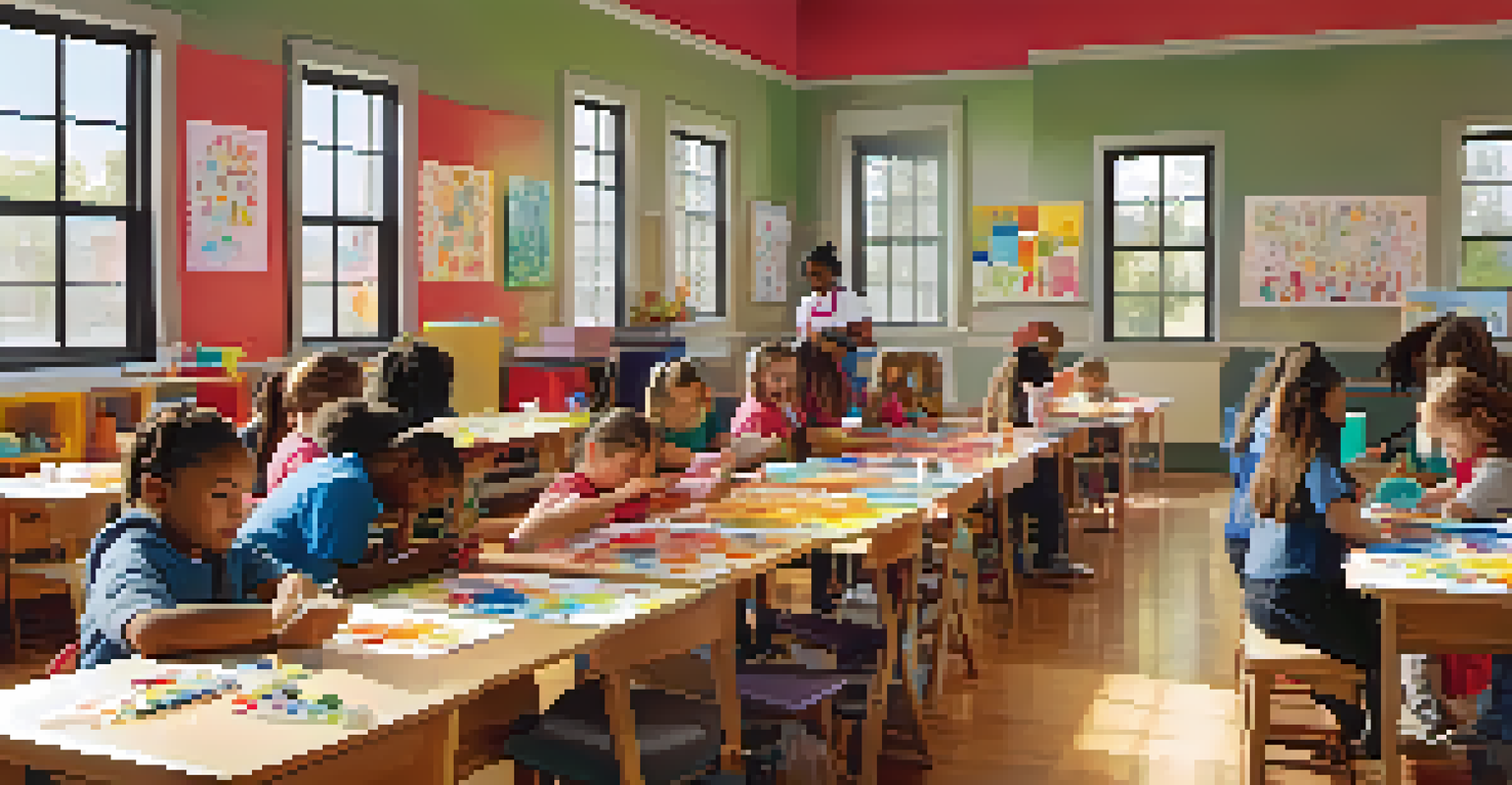 Children participating in an after-school arts and crafts program, with colorful supplies and an instructor.