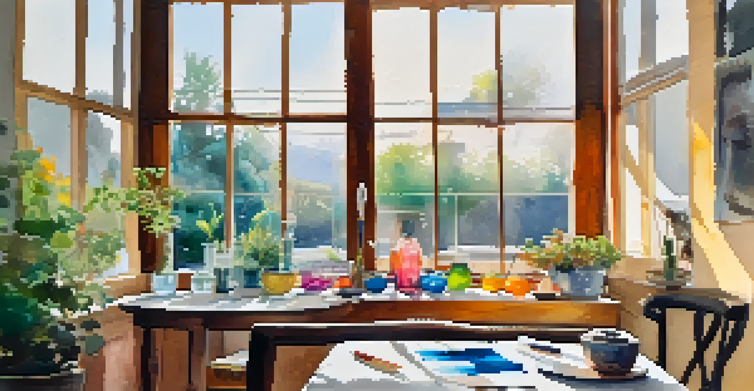 A cozy indoor painting space with watercolors and a colorful canvas under natural light.