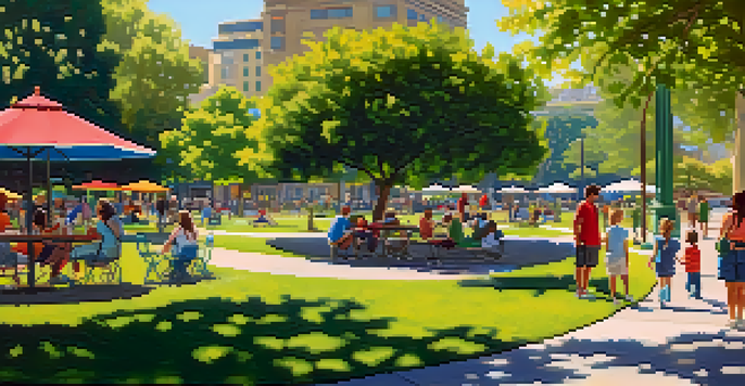 A lively park in San Jose with green trees, flowers, and people enjoying a sunny day.