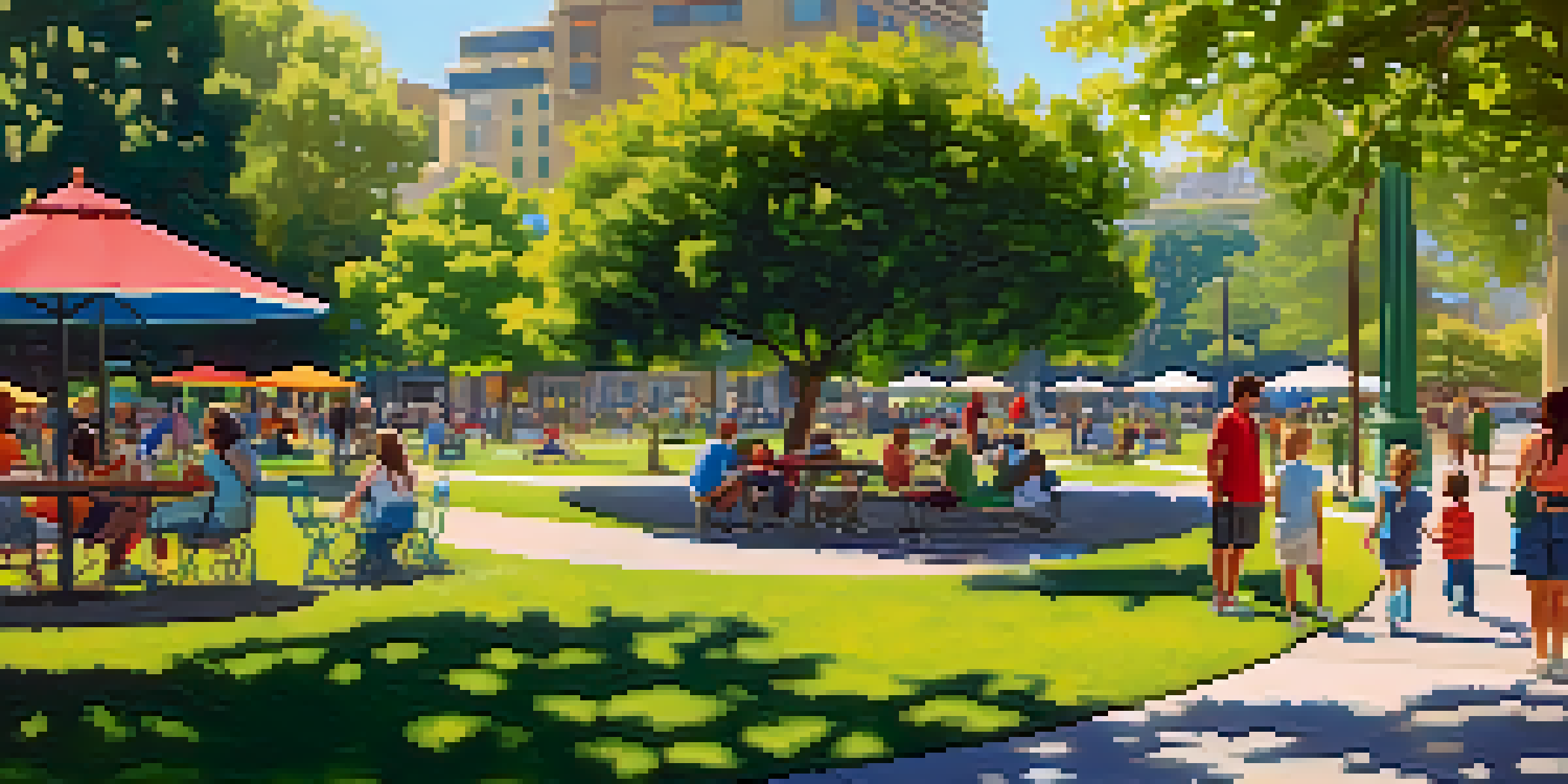 A lively park in San Jose with green trees, flowers, and people enjoying a sunny day.