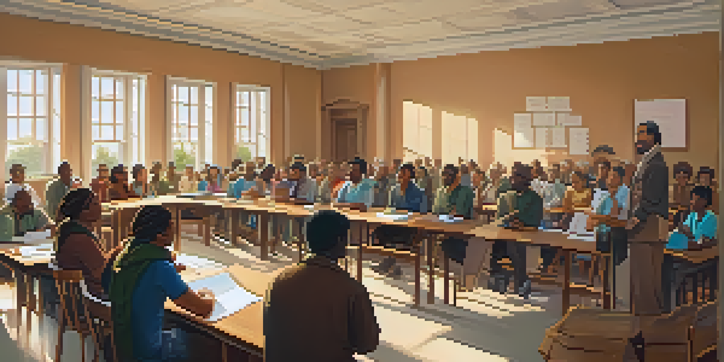 A diverse group of people actively participating in a town hall meeting, discussing community issues in a well-lit room.