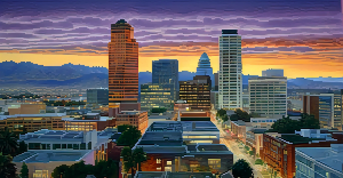 A sunset over San Jose's skyline with people conversing in the foreground.