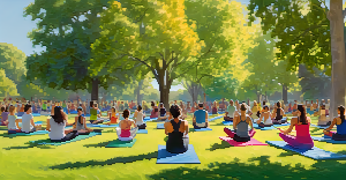A group of diverse individuals participating in an outdoor fitness class in a park on a sunny day.