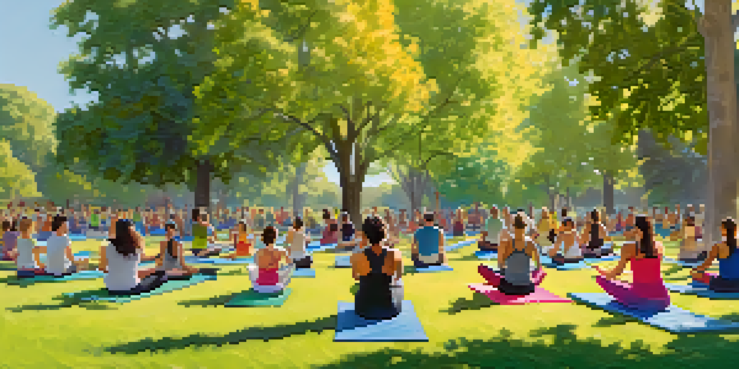 A group of diverse individuals participating in an outdoor fitness class in a park on a sunny day.