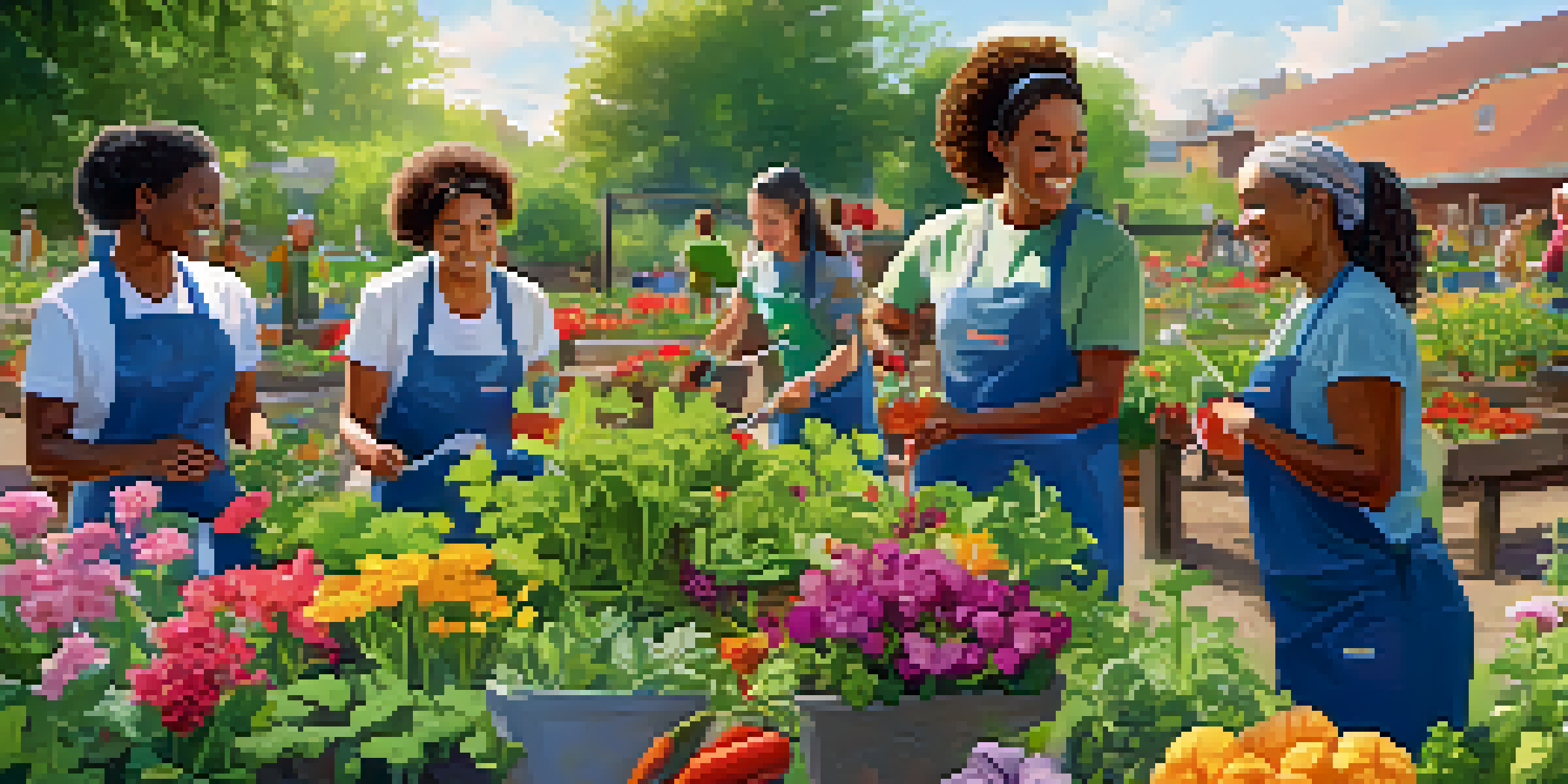 A group of diverse volunteers engaging in activities in a sunny community garden, planting seeds and watering plants.