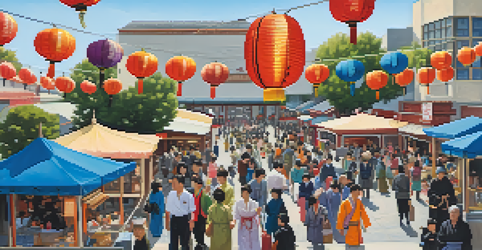 A bustling festival in Japantown with traditional lanterns, people enjoying activities, and the Japanese American Museum in the background.
