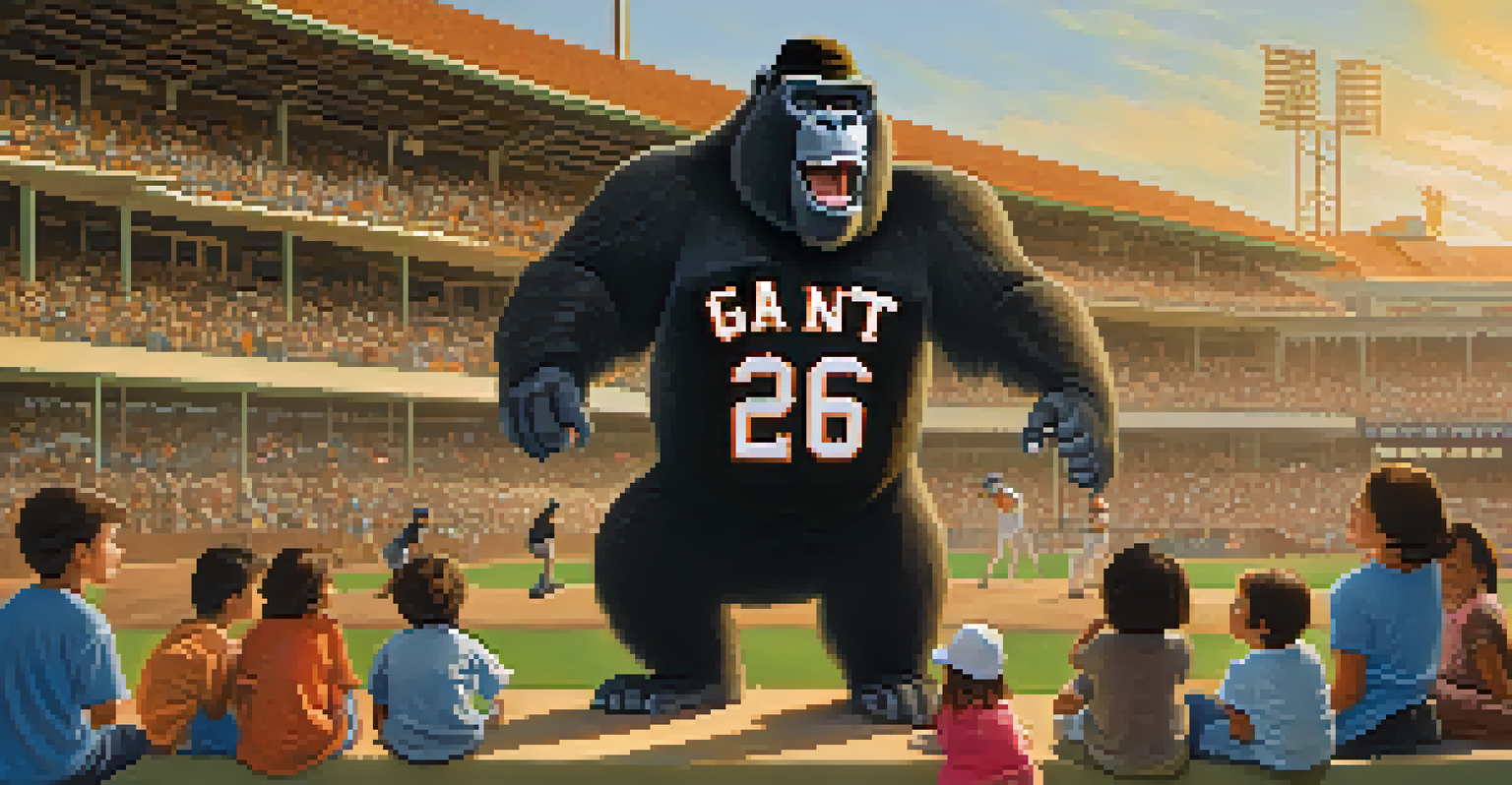 G-Rilla, the playful gorilla mascot, interacting with children at a baseball game, with a sunny stadium backdrop.