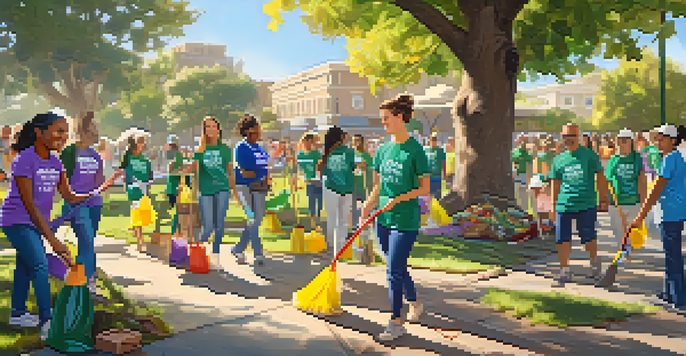 A diverse group of volunteers cleaning a park in San Jose, with colorful banners and bright sunlight filtering through trees.
