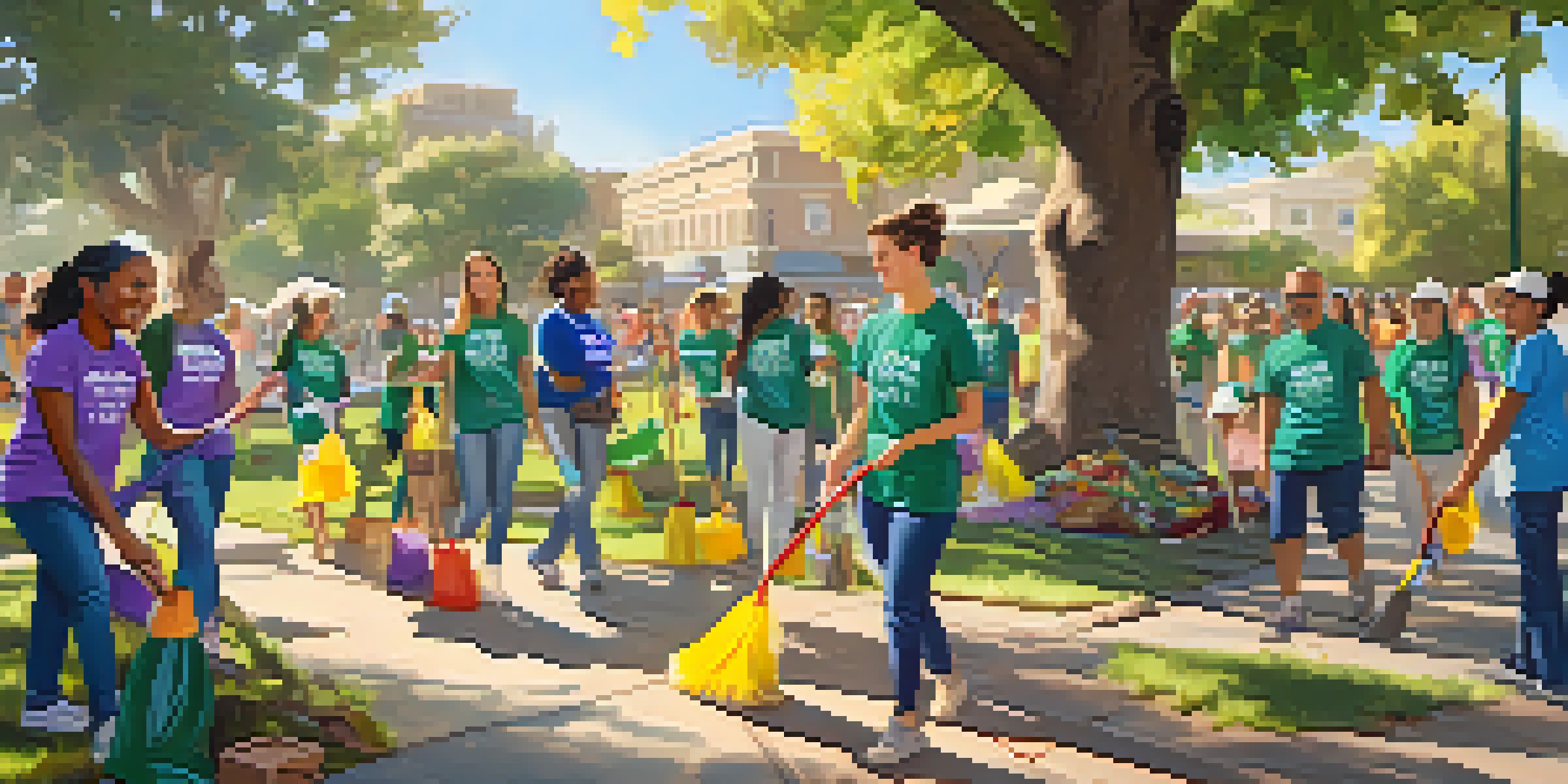 A diverse group of volunteers cleaning a park in San Jose, with colorful banners and bright sunlight filtering through trees.