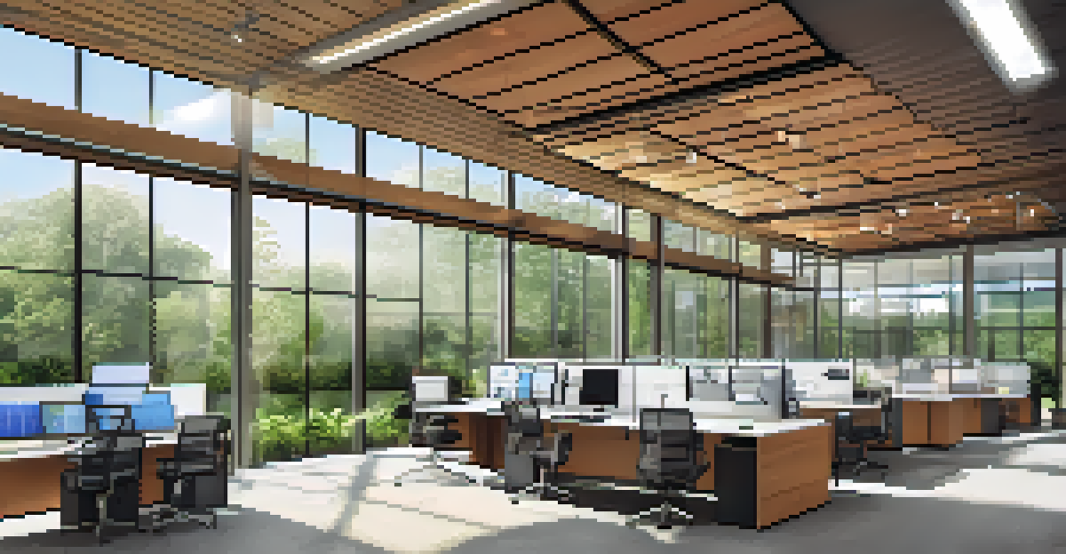 A modern office of a solar energy company with large glass windows, lush landscaping outside, and a diverse team working together inside.
