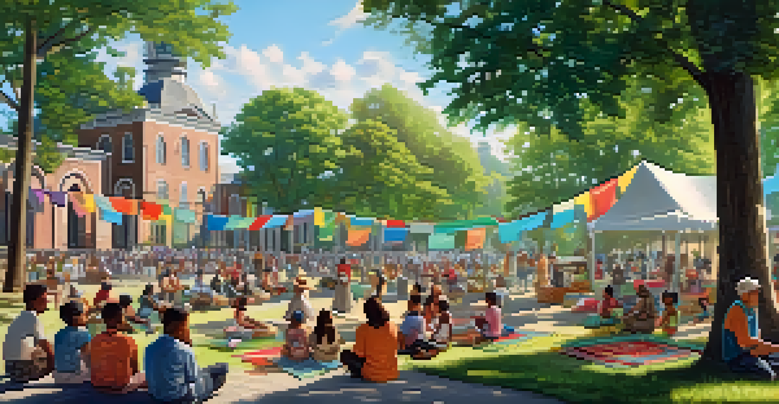 A community event in a park near a cultural heritage site, with diverse people enjoying food and colorful decorations around a historic monument.