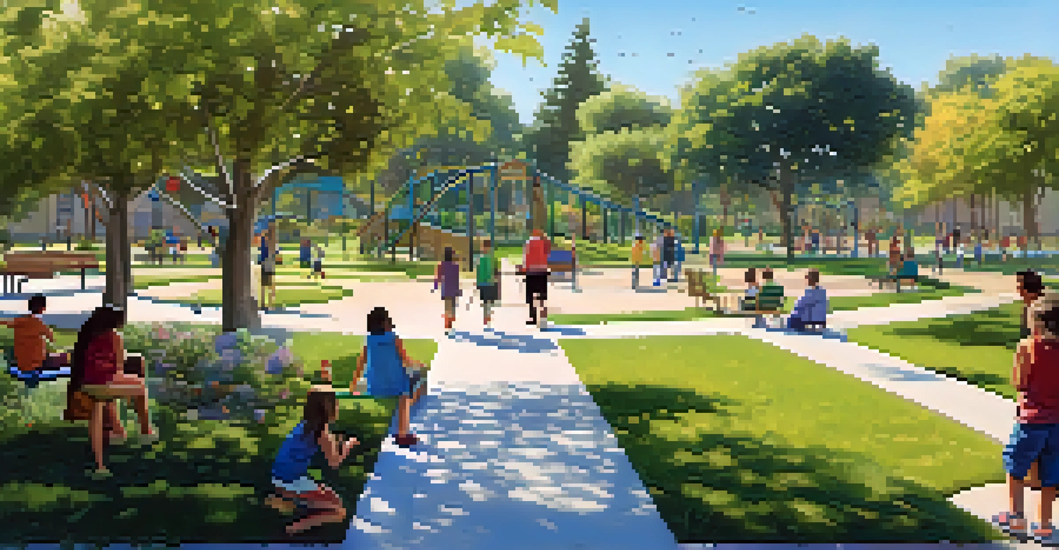 A public park in San Jose with families enjoying the greenery, children playing, and community art installations under a clear sky.