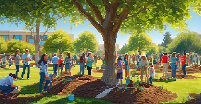 A group of diverse community members engaged in a tree planting event in a sunny park, with vibrant greenery and colorful flowers around them.