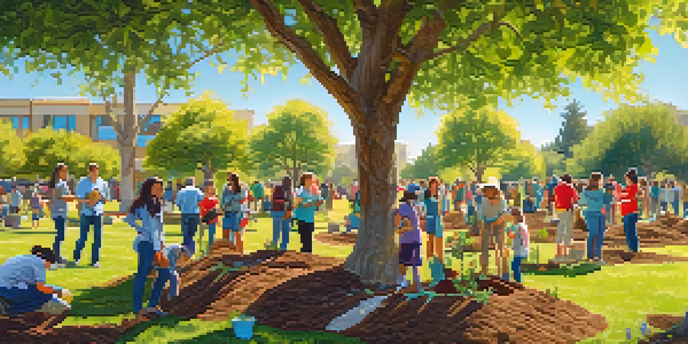 A group of diverse community members engaged in a tree planting event in a sunny park, with vibrant greenery and colorful flowers around them.