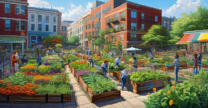 A community garden in an urban area with residents working on plants and vegetables, surrounded by colorful flowers and eco-friendly buildings.