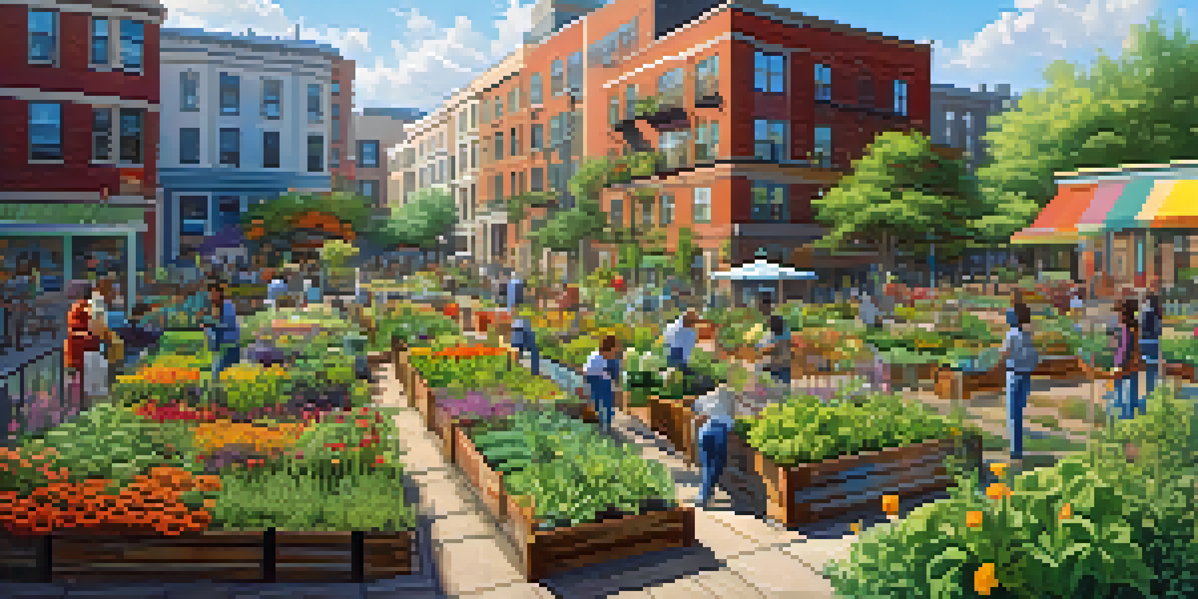 A community garden in an urban area with residents working on plants and vegetables, surrounded by colorful flowers and eco-friendly buildings.