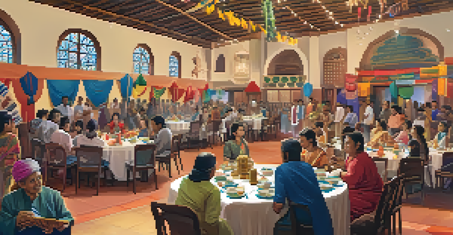 A community center event showcasing cultural night with diverse people enjoying music and traditional decorations, creating a festive atmosphere.