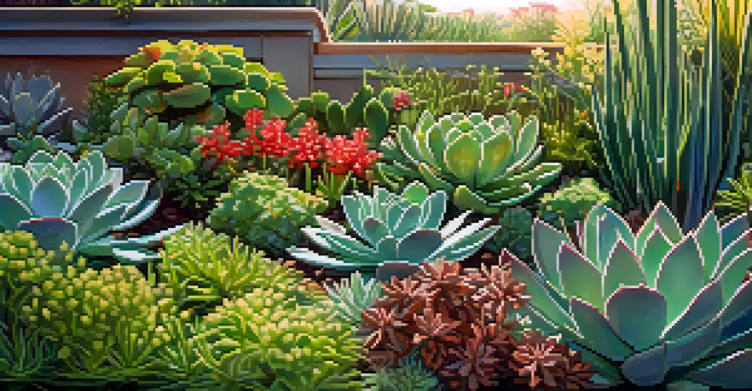 A close-up view of a green roof garden featuring succulents, wildflowers, and grasses, with sunlight filtering through and water droplets on the leaves.