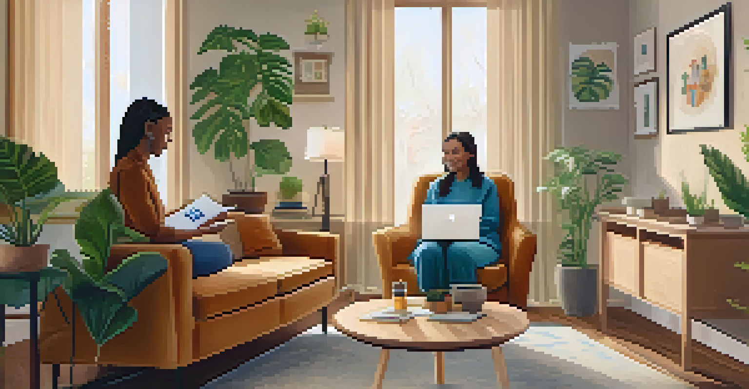 A patient having a telehealth consultation in a cozy living room, speaking to a doctor on a laptop.