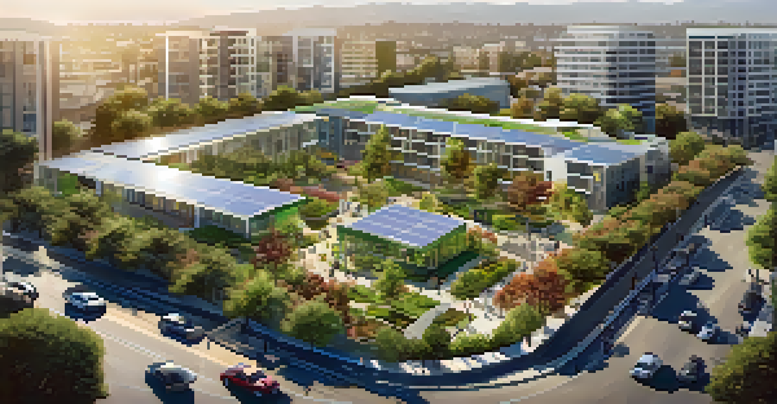 An aerial view of a sustainable urban development in San Jose with green spaces, solar panels, and people walking and biking.