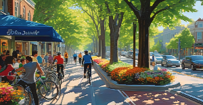 A busy urban bike lane with cyclists, pedestrians on a sidewalk, trees, and a café in the background.
