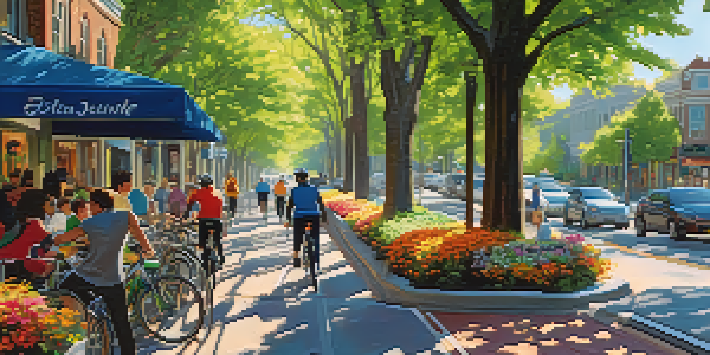 A busy urban bike lane with cyclists, pedestrians on a sidewalk, trees, and a café in the background.