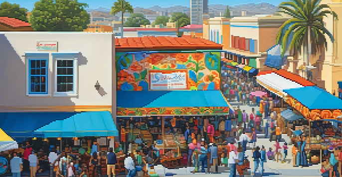 A lively market scene with artisans displaying handmade crafts and food trucks, filled with people enjoying the atmosphere.