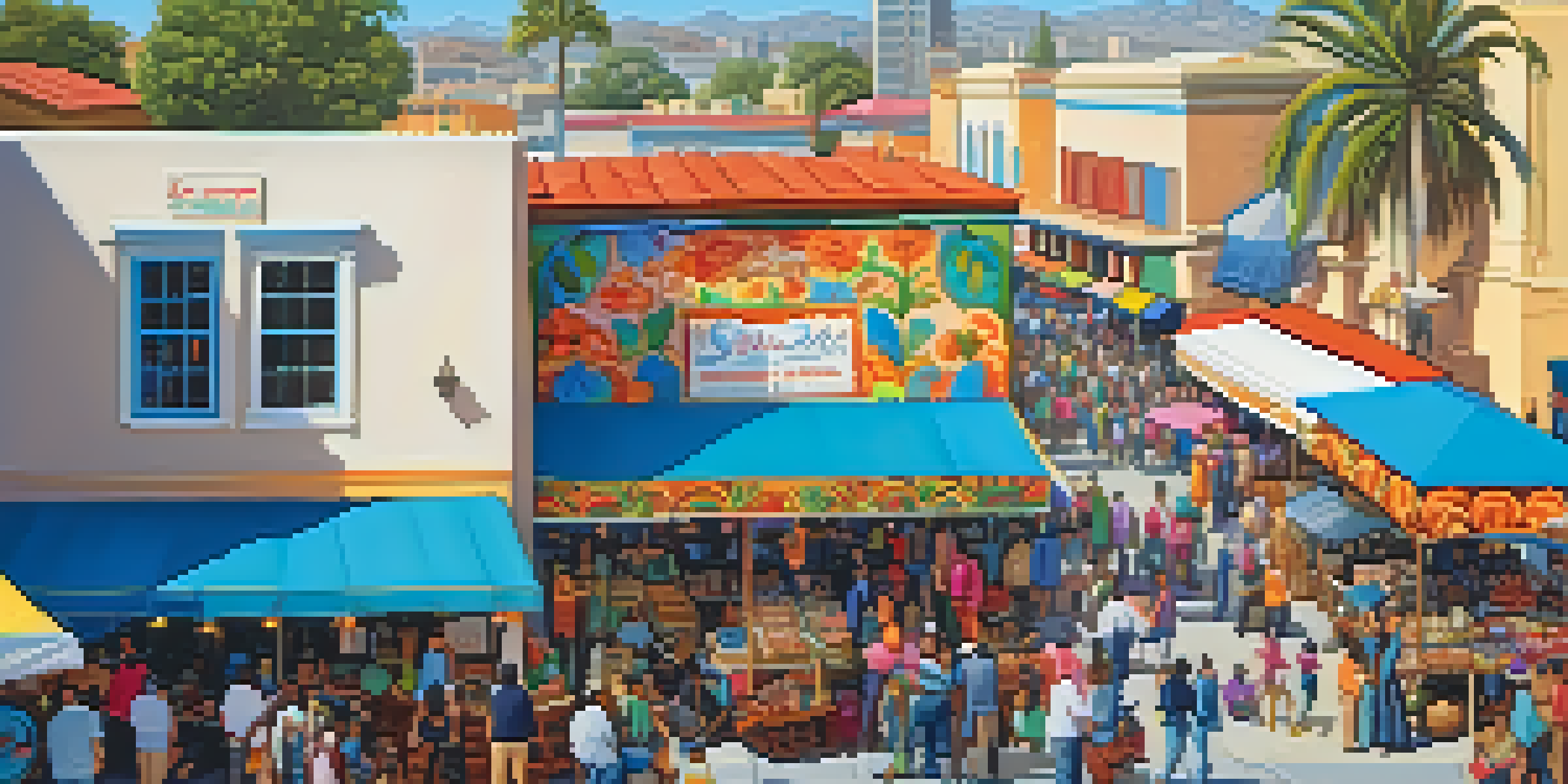 A lively market scene with artisans displaying handmade crafts and food trucks, filled with people enjoying the atmosphere.