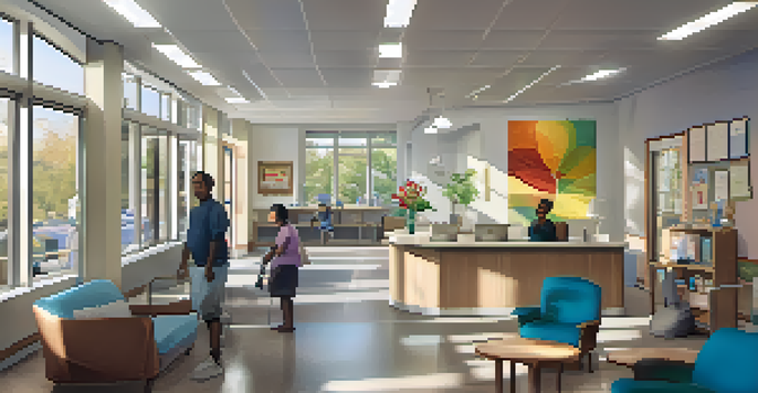 An inviting community health clinic with a reception area, colorful decorations, and diverse patients interacting with staff.