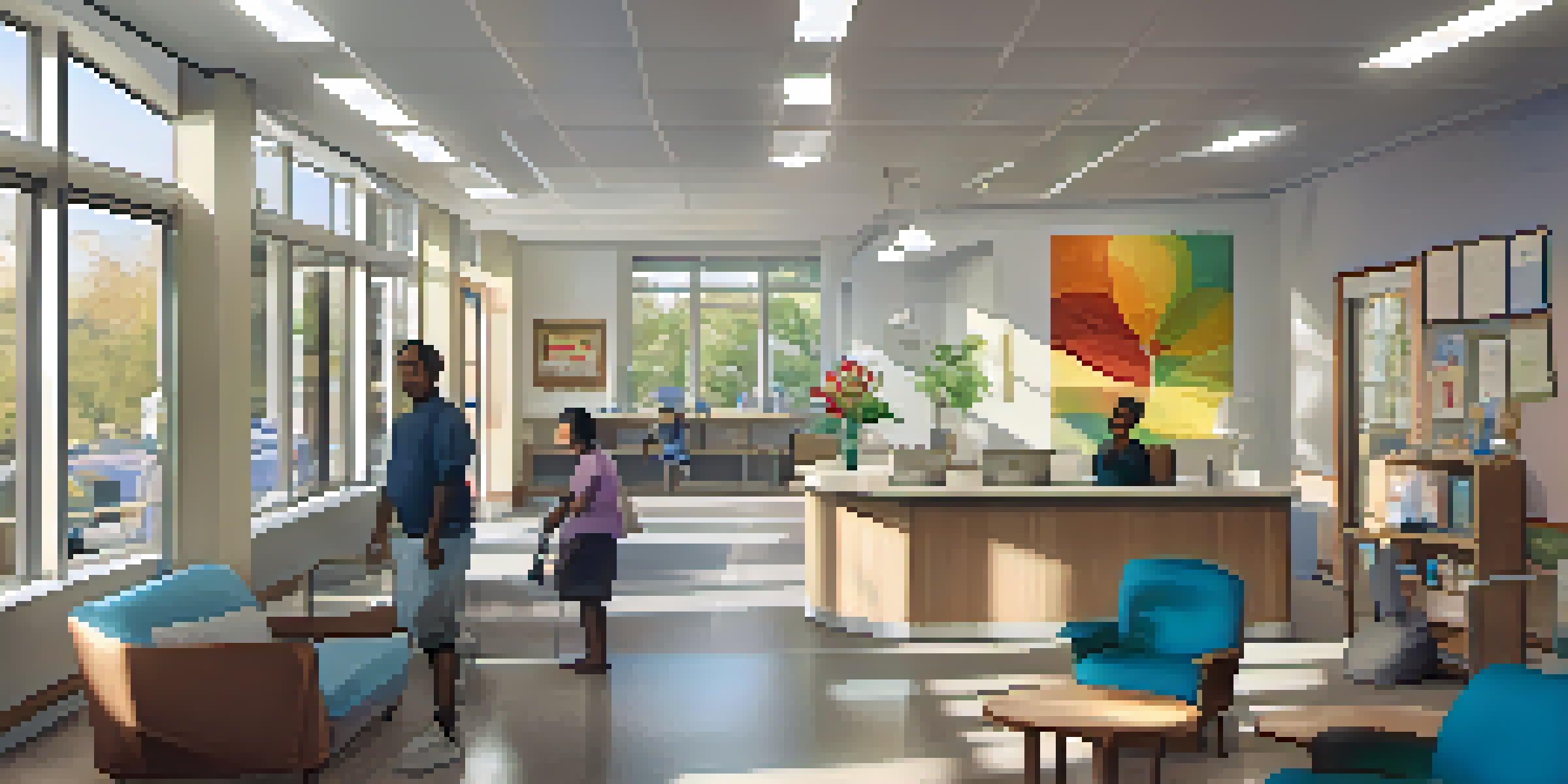 An inviting community health clinic with a reception area, colorful decorations, and diverse patients interacting with staff.