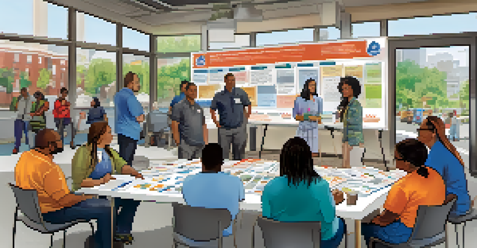 A community safety workshop with diverse participants engaging with a transit authority representative, presenting safety tips.