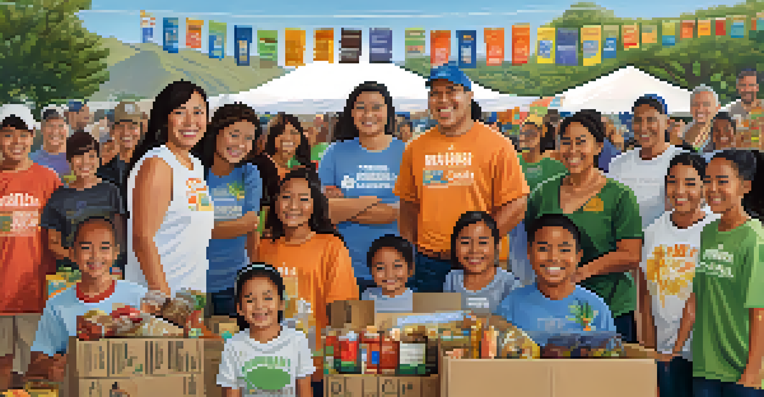 Families from the Pacific Islander community participating in a food drive, smiling and working together outdoors.